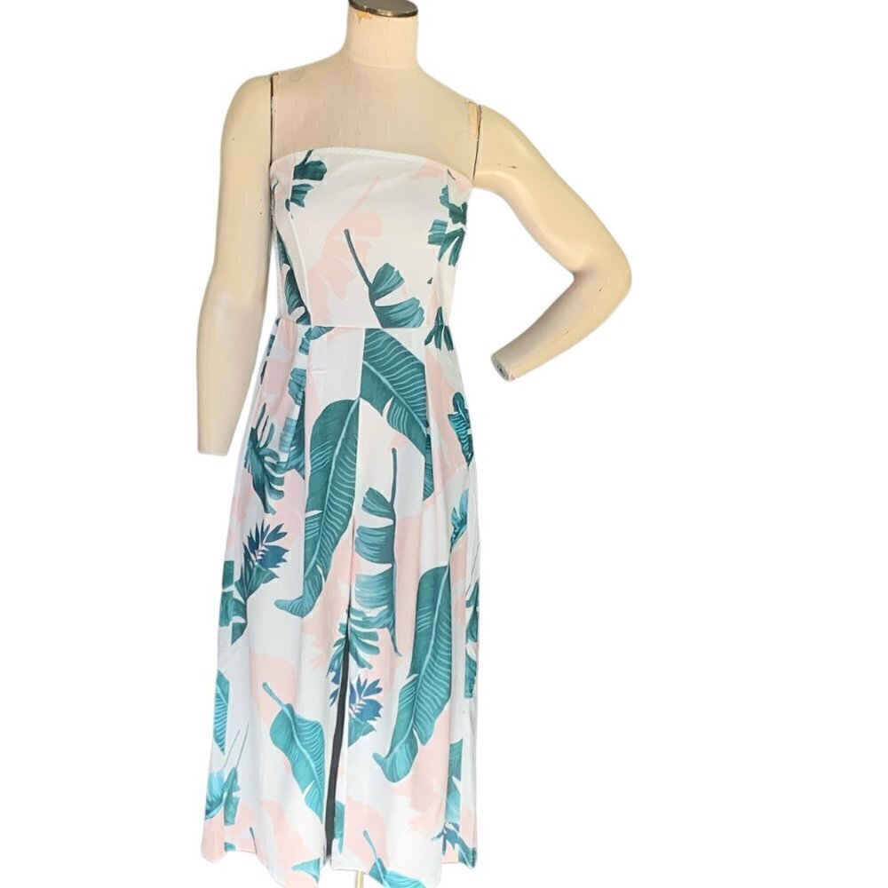 Eiffel Strapless‎ Wide Leg Jumpsuit Sz L Tropical Floral Palm Leave Print 121A